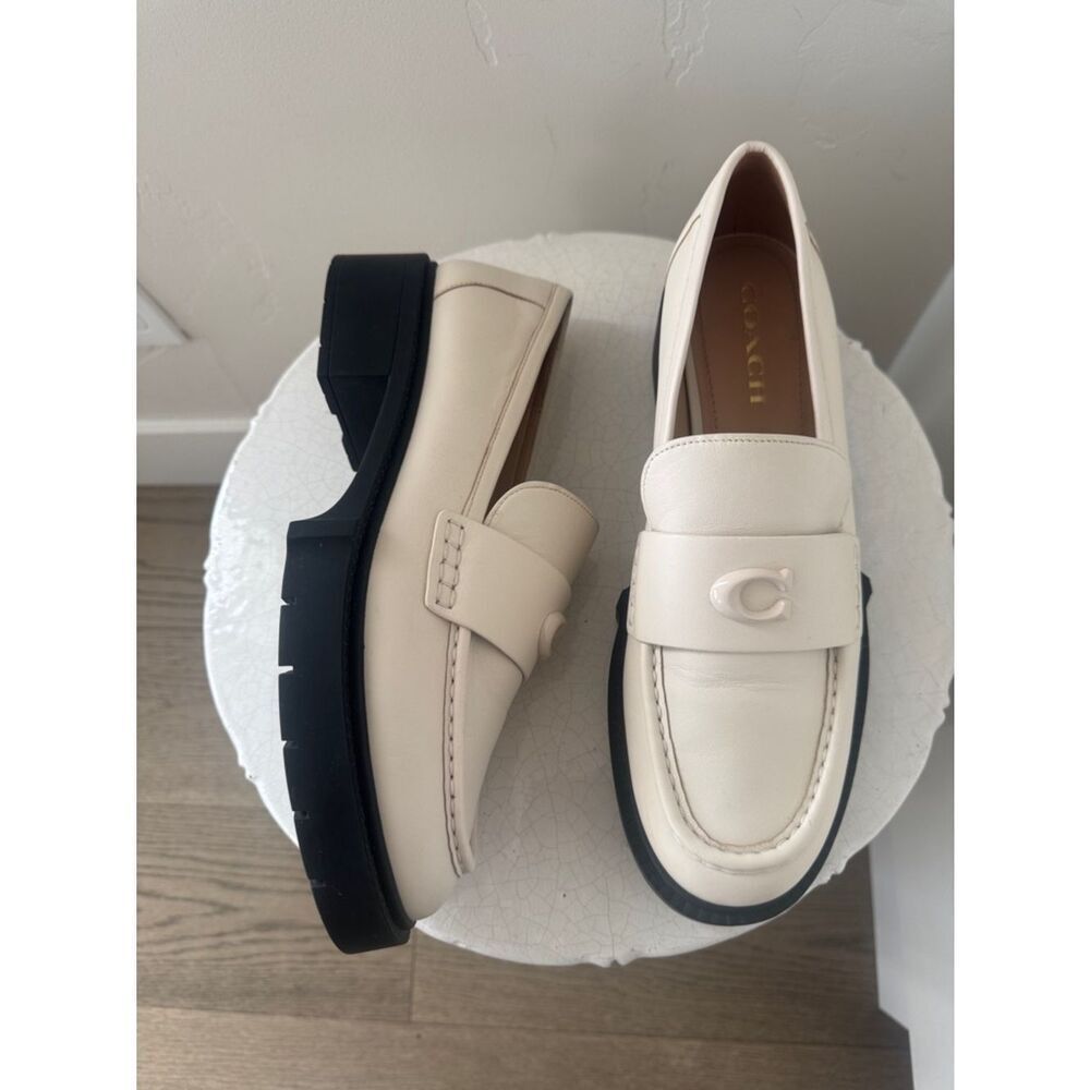 Coach Leah Cream Leather Platform Penny Loafers Lug Sole Chunky Chic Size 11 EUC